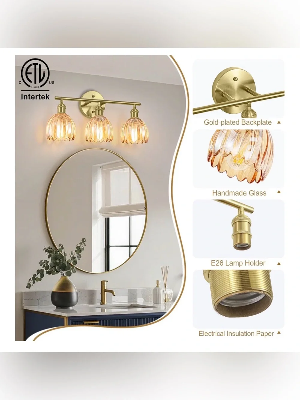 Vintsge Gold 3-Light Bathroom Vanity Sconce with Amber Glass Shades